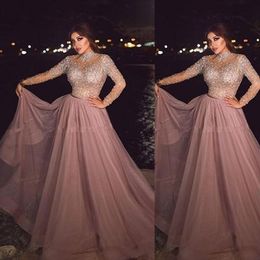 2021 Sexy High Neck Dusty Pink Muslim Evening Dresses Wear illusion Long Sleeves Crystal beaded Plus Size Tulle Arabic Formal Dres213J