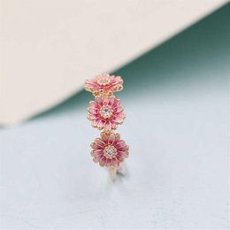 2020 New Spring 100% 925 Sterling Silver European Pandora Rose Gold Pink Daisy Flower Enamel Trio Ring for Women Jewelry246i