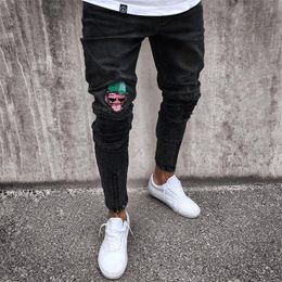 Men's Jeans Stretchy Ripped Skinny Biker Jeans Cartoon Pattern Destroyed Taped Slim Fit Black Denim Pants New196L