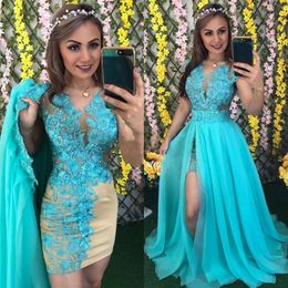 New Sheath Lace Prom Dresses 2020 Sheer Neck Long Evening Dresses Party Gown With Detachable Skirt2108