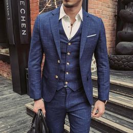 Jacket Vest Pants New Fashion Men's Plaid Formal Business Suit 3 Piece Set Men's High-end Casual Suits246y