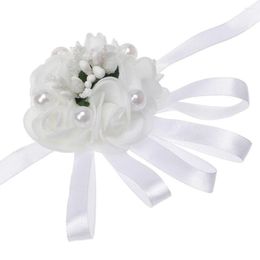 Decorative Flowers 3Pcs Wedding Bride Bridesmaid Sister Hand Flower Bracelet Wrist Artificial