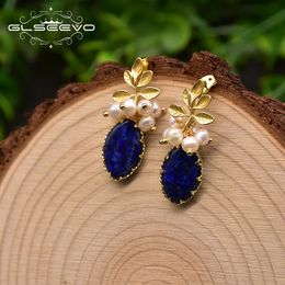 Stud GLSEEVO Natural Lapis Lazuli Leaf Unusual Drop Earrings For Women Charm Design Dangle Earrings Fine Jewellery Wedding Gift GE0897 230719