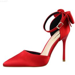 Sandals BIGRESS Shoes Fashion Woman's Pumps Classic Women Shoes Satin Stiletto Pointed Toe High Heels Bow Buckle Sandals Rome Party Shoe L230720