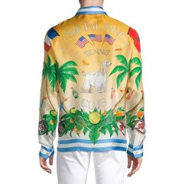 Mens Casual Shirts Yellow Tulle Casablanca Coconut Tree Flag Dog Print Long Shirt Womens High Quality Hawaiian Beach Resort 230720