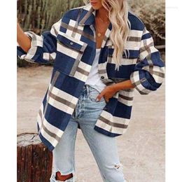 Women's Jackets Autumn Winter Clothing Long Sleeved Lapel Loose Plaid Woollen Jacket Blue Jean Woman