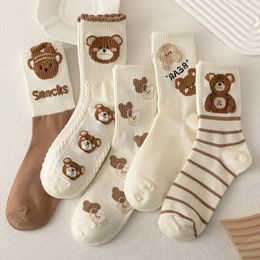 Sports Socks Coffee Bear Print Casual Mid-calf Cotton Breathable Anti-odor Women Fitness Running Basketball