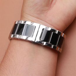 18mm 20mm 21mm 22mm 23 24mm Watchband Strap Bracelet with butterfly buckle Silver and black Colour polished stainless steel metal w298E