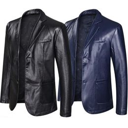 Leather Blazer Jacket For Men Fashion Loose Lapel Leather Suit Plus Size Black Blue248o