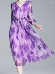 Casual Dresses EVNISI Elegant Women Purple Chiffon Dress V-Neck Chic Floral Printing Office A-line Slim For Party Vestido Summer