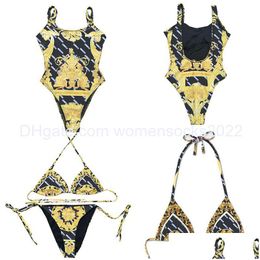 Women'S Swimwear Sexy Lace Up Split Double Letter Pattern Swimsuit Gathering Strappy Bikini Set Hanging Neck Swimming Wear 2 Piece D Dhbcx