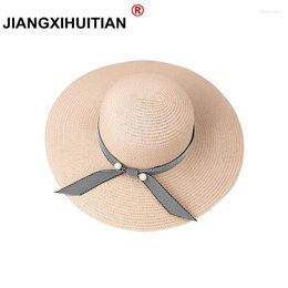 Wide Brim Hats Summer Pearls Straw Hat Women Big Beach Sun Foldable Block UV Protection Panama Bone Chapeu Feminino