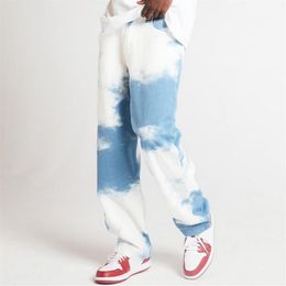 MJARTORIA Men Jeans Light Blue Casual Loose Straight Denim Pants Tie Dye Print Sky Blue Long Trouser Straight Jeans 202012625