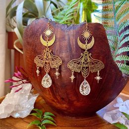 Dangle Earrings Gothic Charm Moth Gold Plated Sun Moon Star White Resin Flower Dropped Bohemian Goddess Jewelry Gifts