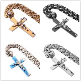 Hip-hop 316L Stainless Steel Cross Jesus Crucifix Men's Boy's Pendant Necklace Byzantine Chain 18-40inch High Quality Ch309S