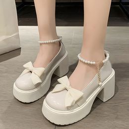 Dress Shoes Fashion Bowtie Chunky Platform Pumps Women Pearl Ankle Strap Mary Jane Shoes Woman Autumn Thick Heeled Party Shoes Female 230719