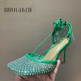 Sandals Size 35-42 Crystal Green Women Fishnet Pumps Runway Square Toe Ankle Cross Tied High Heels Rhinestone Sandals Shoes Woman L230720