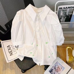 Women's Blouses DAYIFUN Women Shirts Summer Short Sleeve Victorian Square Collar Blouse White Chic Disc Buckle Tassel Womens Tops