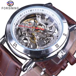 Forsining Waterproof Gear Flower Movement Transparent Leather Clock Men Skeleton Automatic Mechanical Watches Top Brand Luxury245e