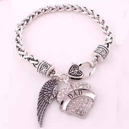 Female Jewellery Bracelet DAD Written Archangel Wing And Heart Pendant With Crystals Good Gift Wheat Chain Drop217Q