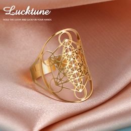 Lucktune Viking Flower of Life Ring Stainless Steel Archangel Amulet Adjustable Rings for Women Men 2023 Sacred Geometry Jewelry