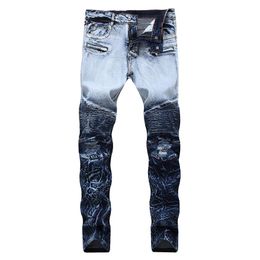 Mens Biker JEANS Holes Ripped Colours Patchwork Straight Jeans Fashion Street Jeans199U