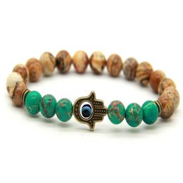 New Arrival Whole 10pcs lot Picture Jasper Blue Sea Sediment Stone Antique Bronze Hamsa Protection Stretch Bracelets271c