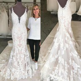 Spaghetti Straps Backless White Lace Deep V Neck Wedding Dresses New Mermaid Colourful Princess Bridal Gowns Appliques Custom Made 304y