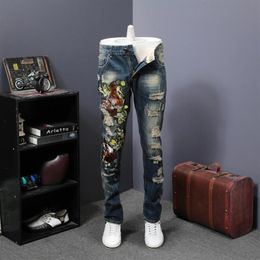 Men Embroidery Ribbed Jeans Moto Biker Denim Pant Tiger Flower Embroidery Fashion Desinger Jeans Ribbe Destroy Hole Men2168