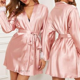 Women's Sleepwear Pink Robe Silk Satin Kimono Bathrobe With Belt Sexy Long Sleeve Feather Cuff Wedding Morning Gown Loose Nightgown