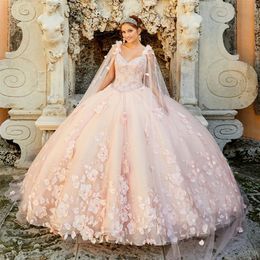 Pretty Princesa 3D Flowers Pearl Detachable Cape Watteau Blush Pink Mexicano Sweet 16 Quinceanera Dress Ball Gown 2021 Spring New 2528
