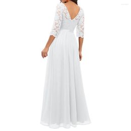 Casual Dresses Hollow Lace Sleeves Dress Elegant Women's V-neck Mesh Maxi Crochet Stitching High Waist A-line Backless Solid Color