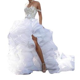 Abiti da sposa sexy con spacco laterale a cuore per abiti da sposa con applicazioni di abiti da sposa con strascico in tulle affrettato342S