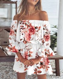 Casual Dresses Off Shoulder Bell Sleeve Women Three Quarters Vacation Party Daily Club Solid A Line Sexy Dress 2023