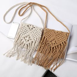 Retro Artistic Crafts Women's Woven Bag Hollow-out Small Bag Straw Wool Tassel Crossbody Shoulder Bag