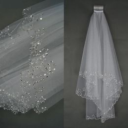 White or Ivory Short Wedding Veil with Crystal Edge with Comb 2 Beaded Bride Bridal Veils291b