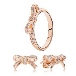 Luxury Rose Gold Bow Ring Stud Earrings Set for Pandora Sparkling Crystal Diamond designer Jewellery set For Women Girls Wedding Party Earring Rings with Original Box