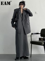 Urban Sexy Dresses EAM Half-body Skirt Grey Striped Big Size Two Pieces Suit Lapel Long Sleeve Women Fashion Spring Autumn 1DF1802 230719