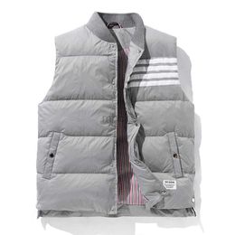 Men's Down Parkas Men Down Vest Winter Jacket Striped Warm Thicken Sleeveless Jacket Stand Collar Grey Duck Down Jacket Korean Design HKD230720