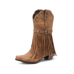 Boots BONJOMARISA Brand High Heeled Women Western Mid-calf Boots Pointed Toed Fringed Buckle Metal Star Decor Spring Shoes 230719