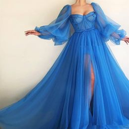 Sweetheart Long Sleeves Tulle Prom Dresses Sexy Split Long Formal Special Occasion Party Gowns Pleated Evening276l