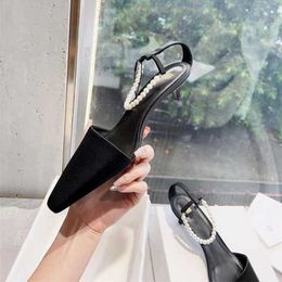 Toteme designer shoes Headband Satin Top-quality Pearl Niche One Line Buckle Sandals French Slim Heel Pointed Mueller Shoes Zhiyi