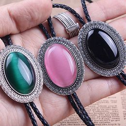 Bolo Ties Agate Time Gem bolo tie retro shirt chain bolo collar rope leather necklace tie HKD230719
