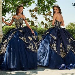 2020 Navy Quinceanera Dresses Gold Appliques Sweetheart Princess Ball Gown Sweet 16 Tulle Princess Prom Dress Evening Gowns269T