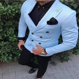 New Arrival Groom Tuxedos Double Breasted Light Blue Peak Lapel Groomsmen Man Suit Mens Wedding SuitsJacket Pants Tie NO11270y