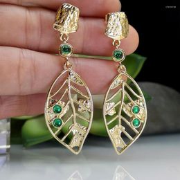 Dangle Earrings Green Bead Art Deco Hammered Hollow Out Alloy Leaf For Women 2023 Ethnic Vintage Jewellery Wholesale