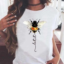 New Women's Round Neck Loose Creative Little Bee Print Summer T-shirt Top