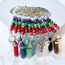 Keychains Lanyards Natural Stone 7 Chakra Beads Hexagon Prism Key Rings Chains Healing Crystal Keyrings For Women Men Drop Dhgarden Dhlrg