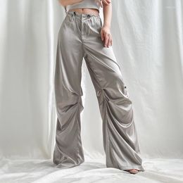 Women's Pants Fashion Satin Wide Leg Baggy Drawstring Jogging Sweatpants 2023 Summer Low Rise Trouser Elegant Streetwear