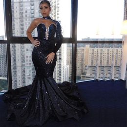 Black Sequined Mermaid Prom Dresses One Long Sleeve High Neck Crystal Evening Gown Sweep Train Celebrity Party Dress206R